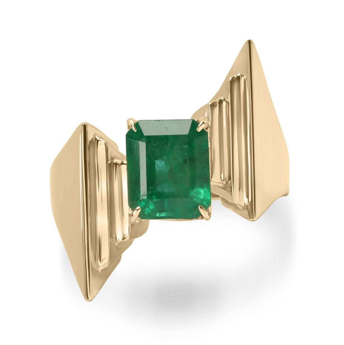 14k yellow gold ring with 2.18ct lush dark green emerald cut emerald solitaire centerpiece