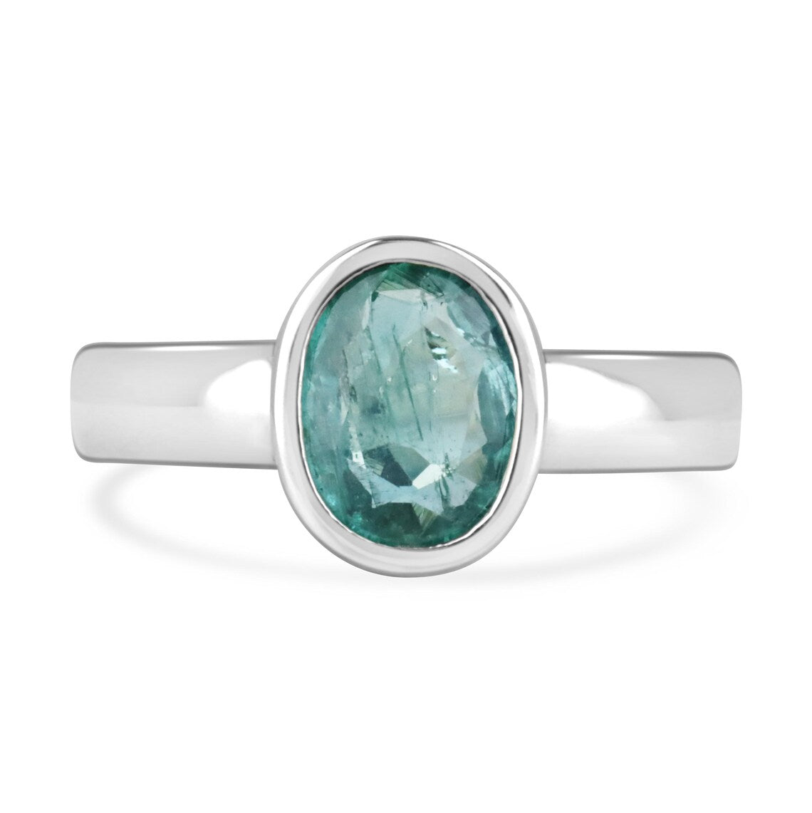 1.30ct Natural Oval Emerald Bezel Set Solitaire Bluish Green Oval Ring