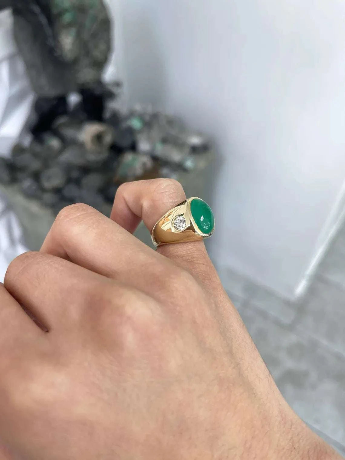 6.49 Carat Emerald Cabochon Three Stone Ring Features Diamond Accents