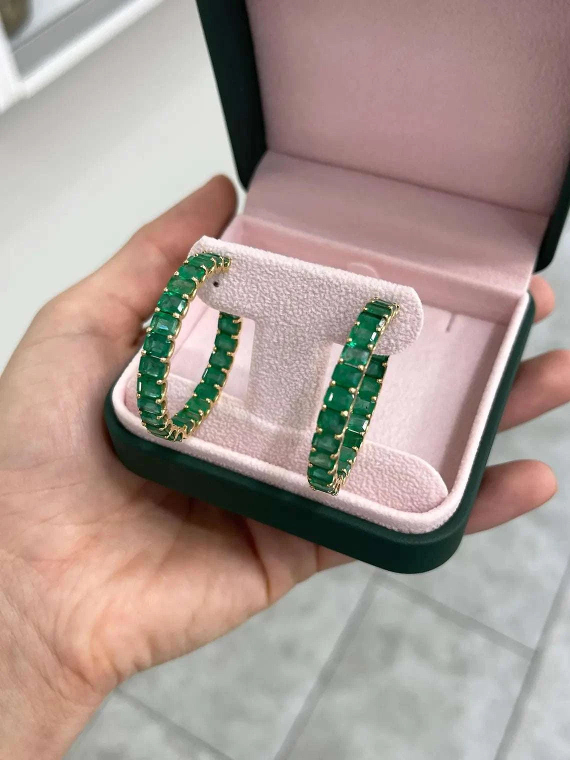 20.69ct Grand Natural Emerald Hoop Earrings Showcase East West Settings