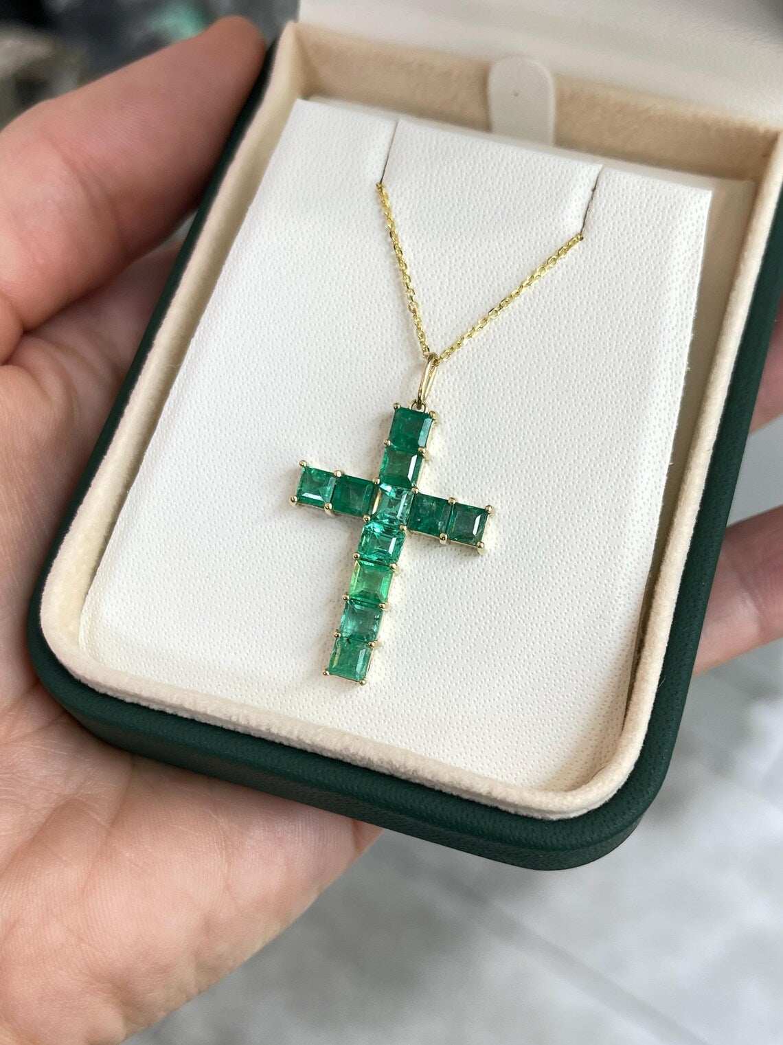 2.20 Carat Natural Princess Cut Emerald Cross Pendant Shines Brightly