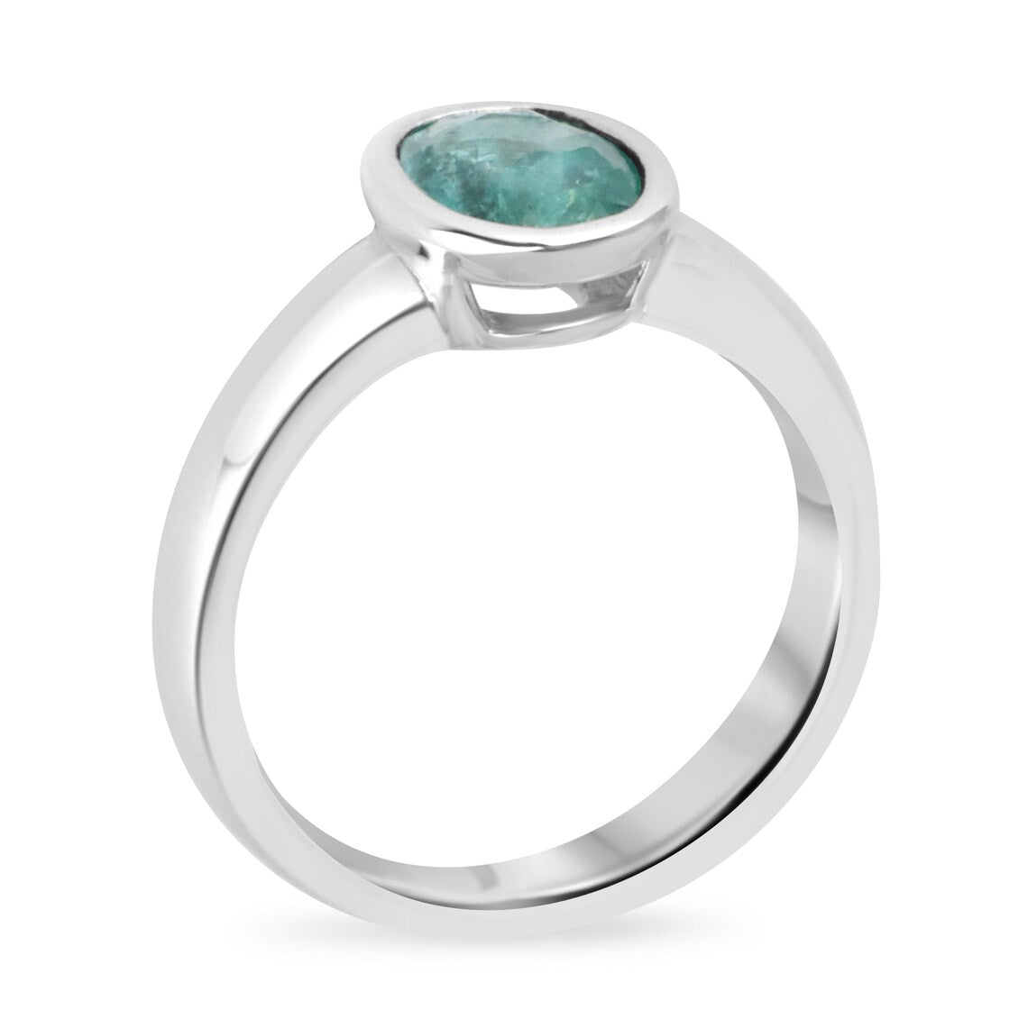 1.30ct Natural Oval Emerald Bezel Set Solitaire Bluish Green Oval Ring