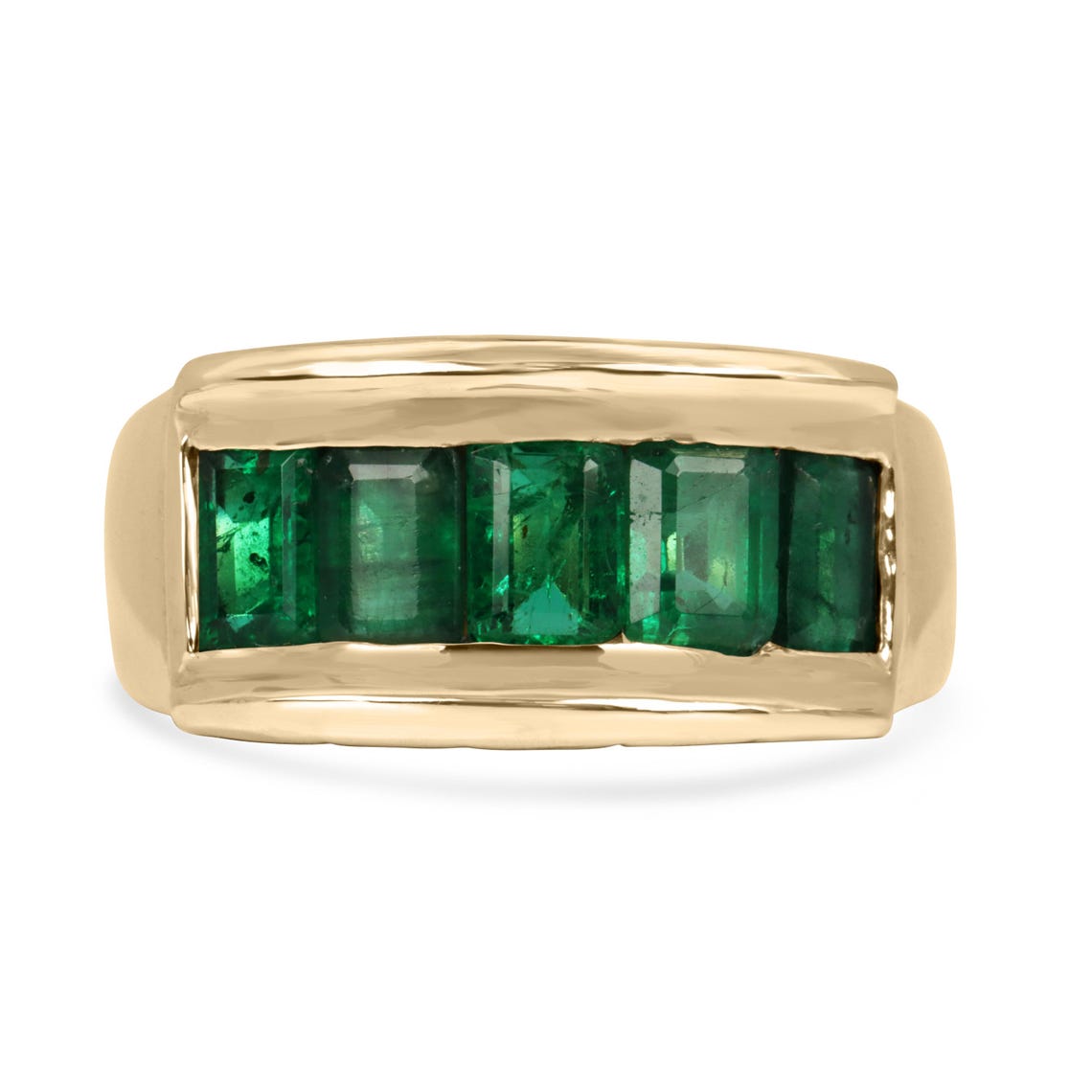 Men's 3.0 carat emerald cut emerald band ring in 14K gold with channel setting, rich green color, by JR Colombian Emeralds.