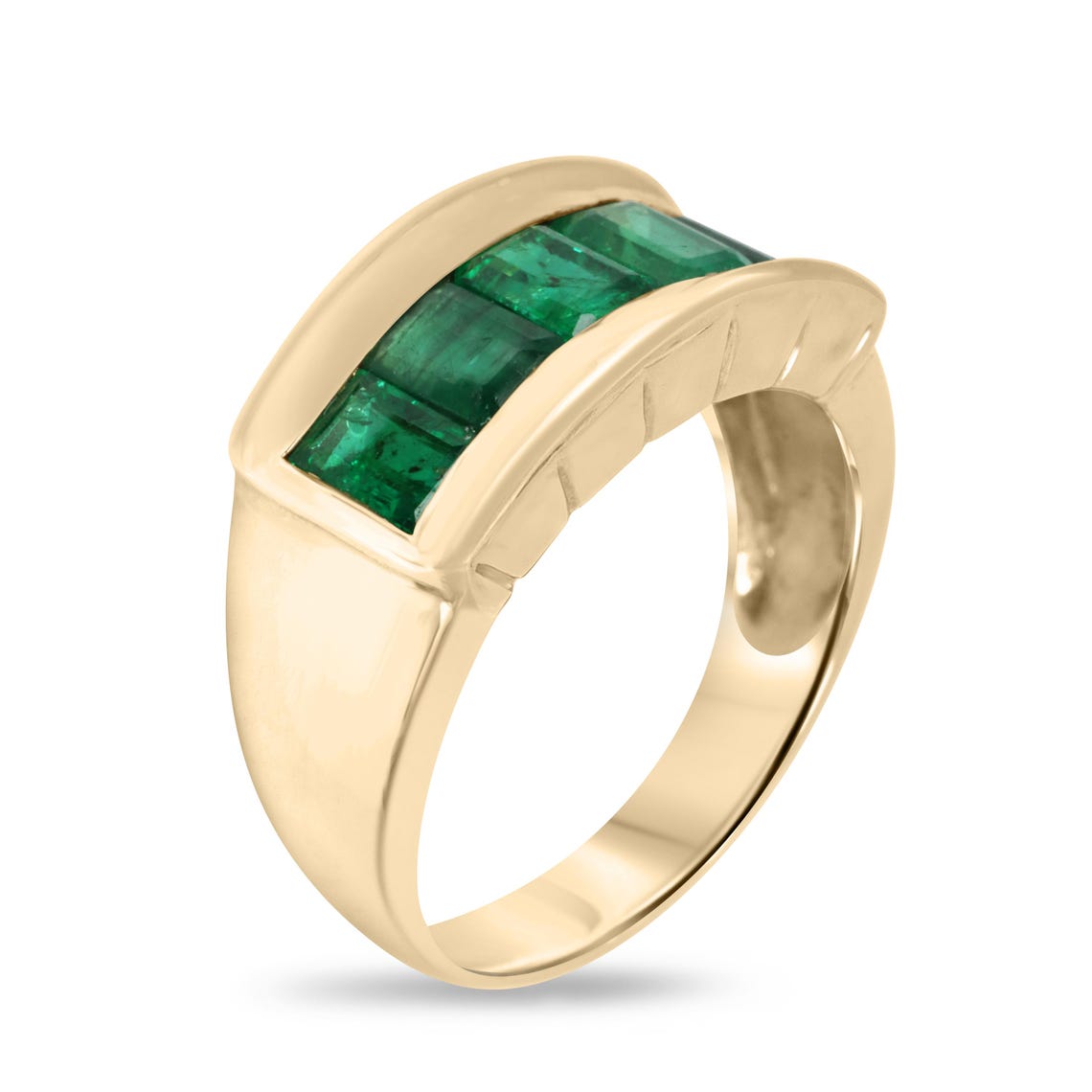 Men's 3.0 carat emerald cut emerald band ring in 14K gold with channel setting, featuring rich green Colombian emeralds.