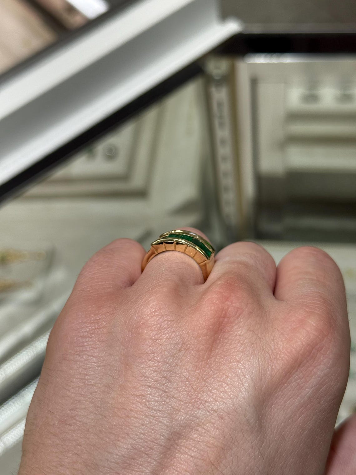 Men's 3.0 Carat emerald cut emerald band ring in 14K gold with channel setting, rich green color, by JR Colombian Emeralds.