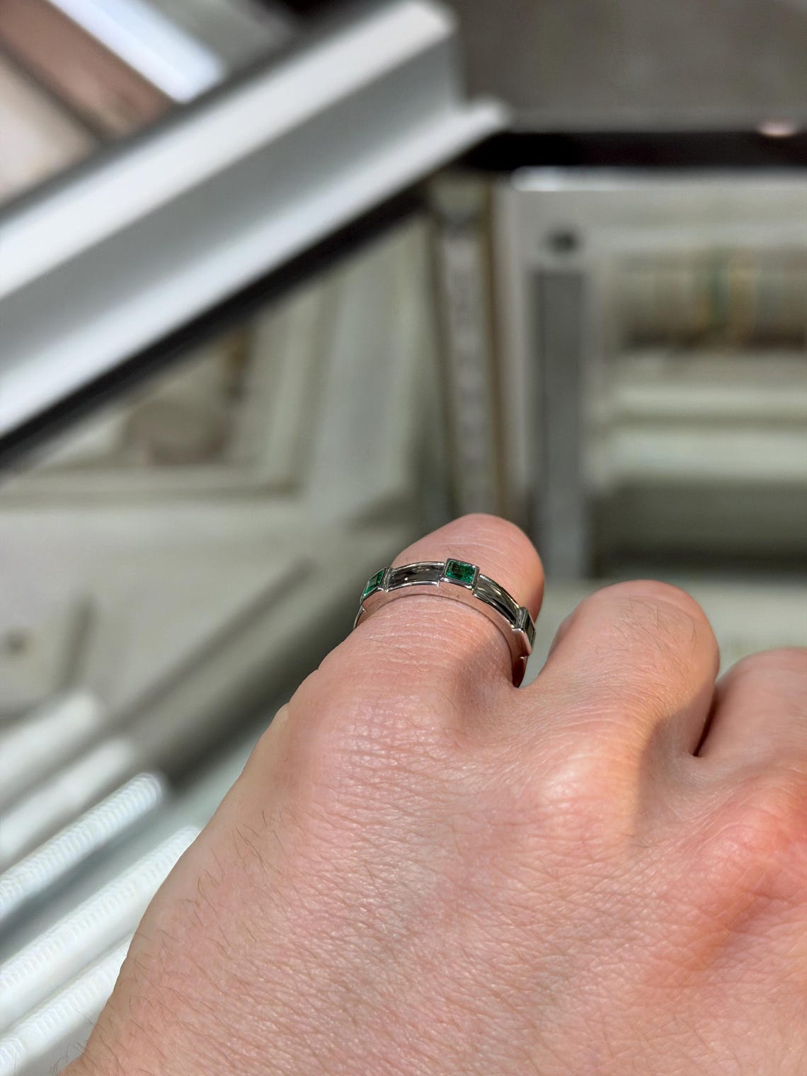 Men's 14K gold emerald three-stone band ring with rich green princess-cut emeralds by JR Colombian Emeralds