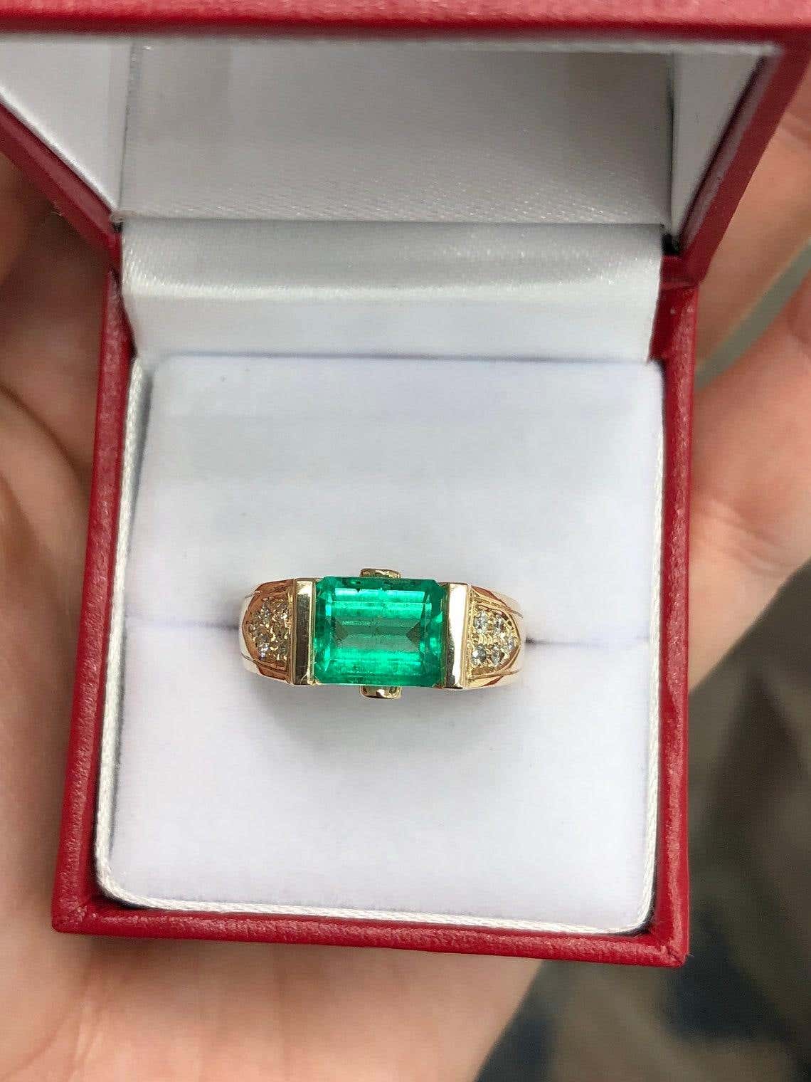 Natural 2.60ct Colombian emerald engagement ring with east-west emerald cut three stones in 14K gold by JR Colombian Emeralds