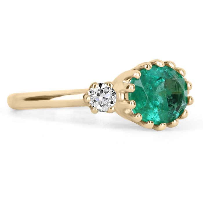 JR Colombian Emeralds 2.60 Carat oval emerald and diamond three-stone solitaire ring in 14K gold featuring a classic green design.