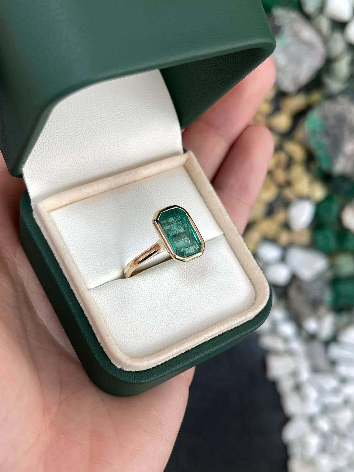 4.76ct natural emerald engagement ring with emerald cut bezel setting, blue-green emerald, 14K gold, by JR Colombian Emeralds