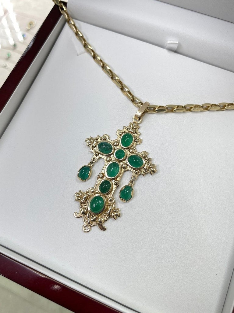 22.19tcw Natural Oval Emerald Cabochon Atocha Replica Cross Pendant 14K Yellow Gold