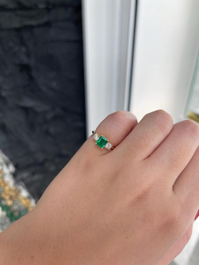 1.34tcw Emerald Cut Emerald Diamond Three Stone Prong Engagement Ring 18K