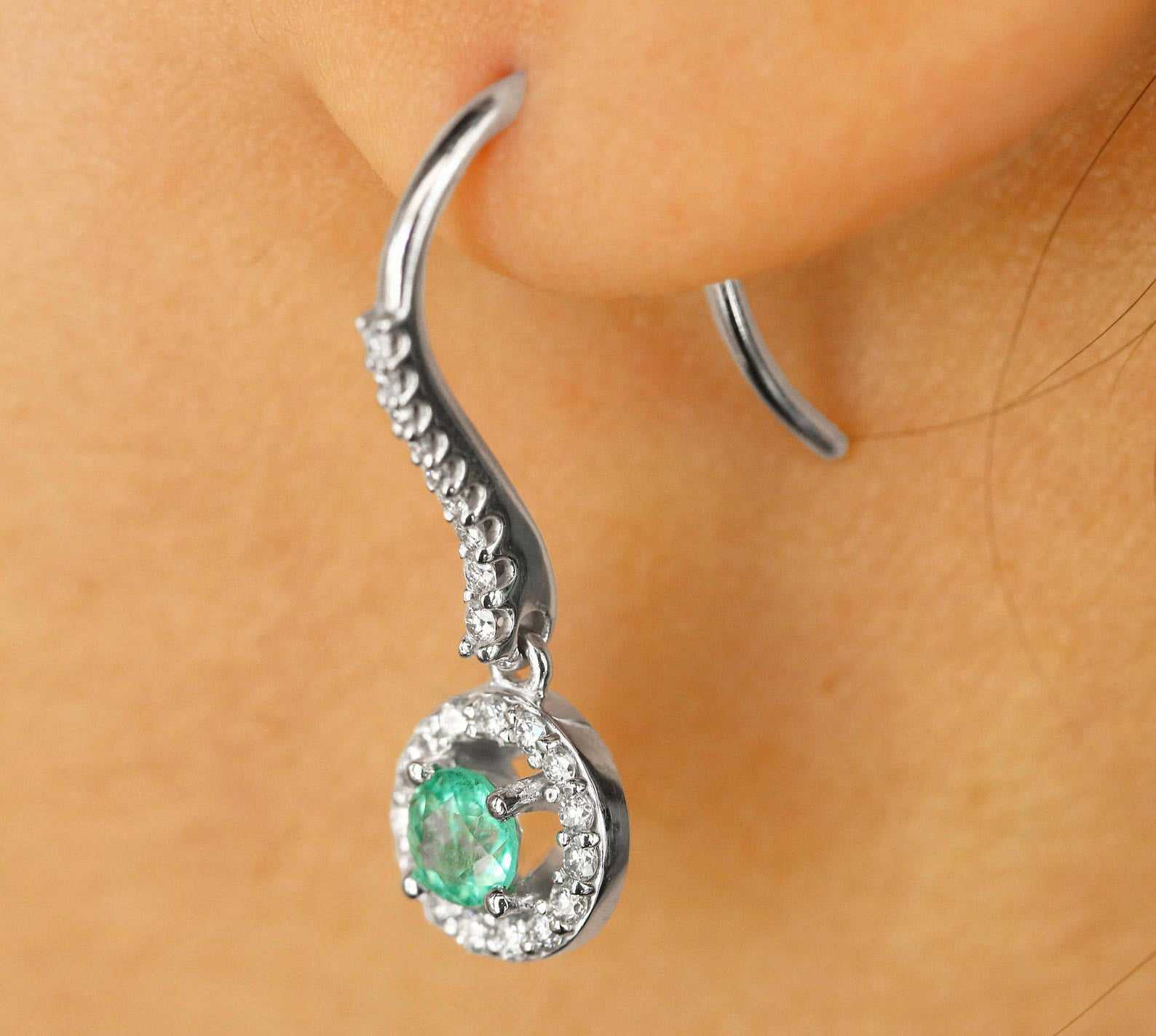 14K Natural Diamond Halo-Style 1.20tcw Round genuine Emerald French Hook Dangle Earrings