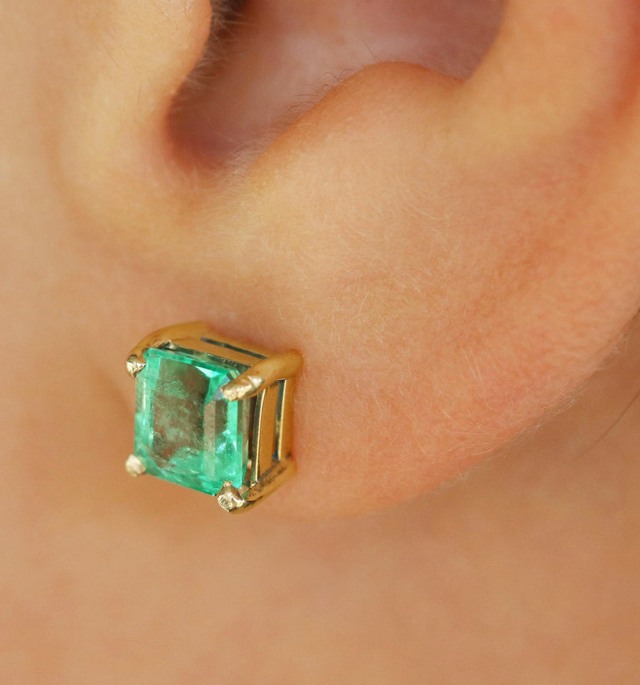 Trendy 3.0tcw Square Cut Natural Green Emerald Four prong Studs Earring 14K