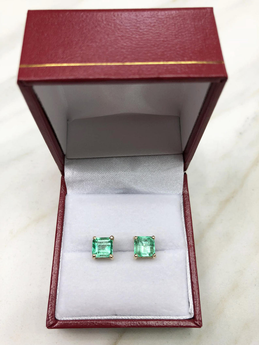 Trendy 3.0tcw Square Cut Natural Green Emerald 4 prong Studs Earring 14K
