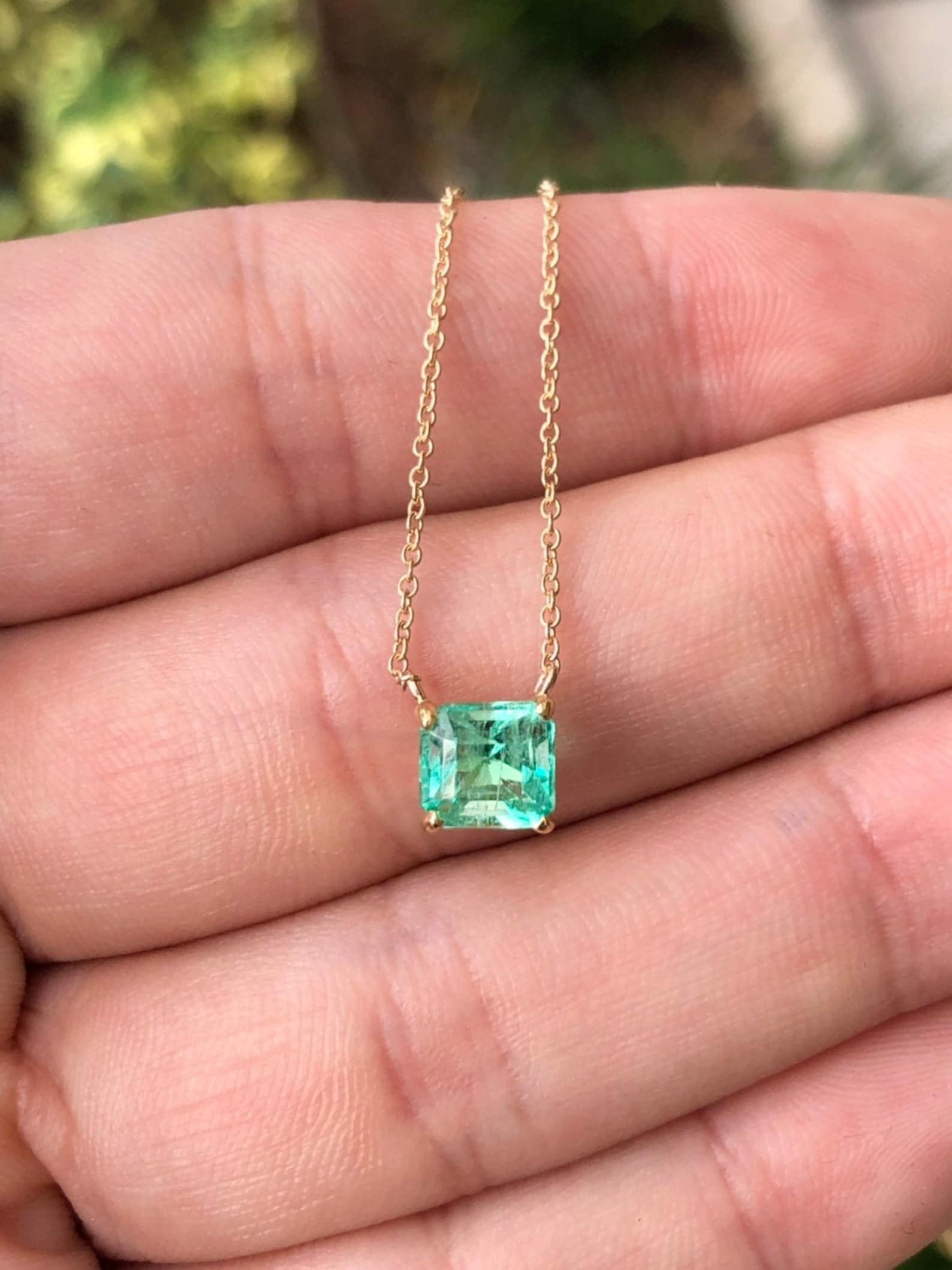 Solitaire Rich Green 1.32 Carat Colombian Emerald-Emerald Cut Stationary Necklace 14K Gold