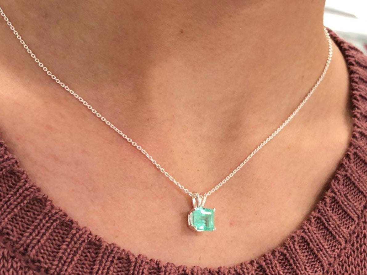 2.10 Carat Asscher Colombian Emerald Pendant Necklace Sterling Silver
