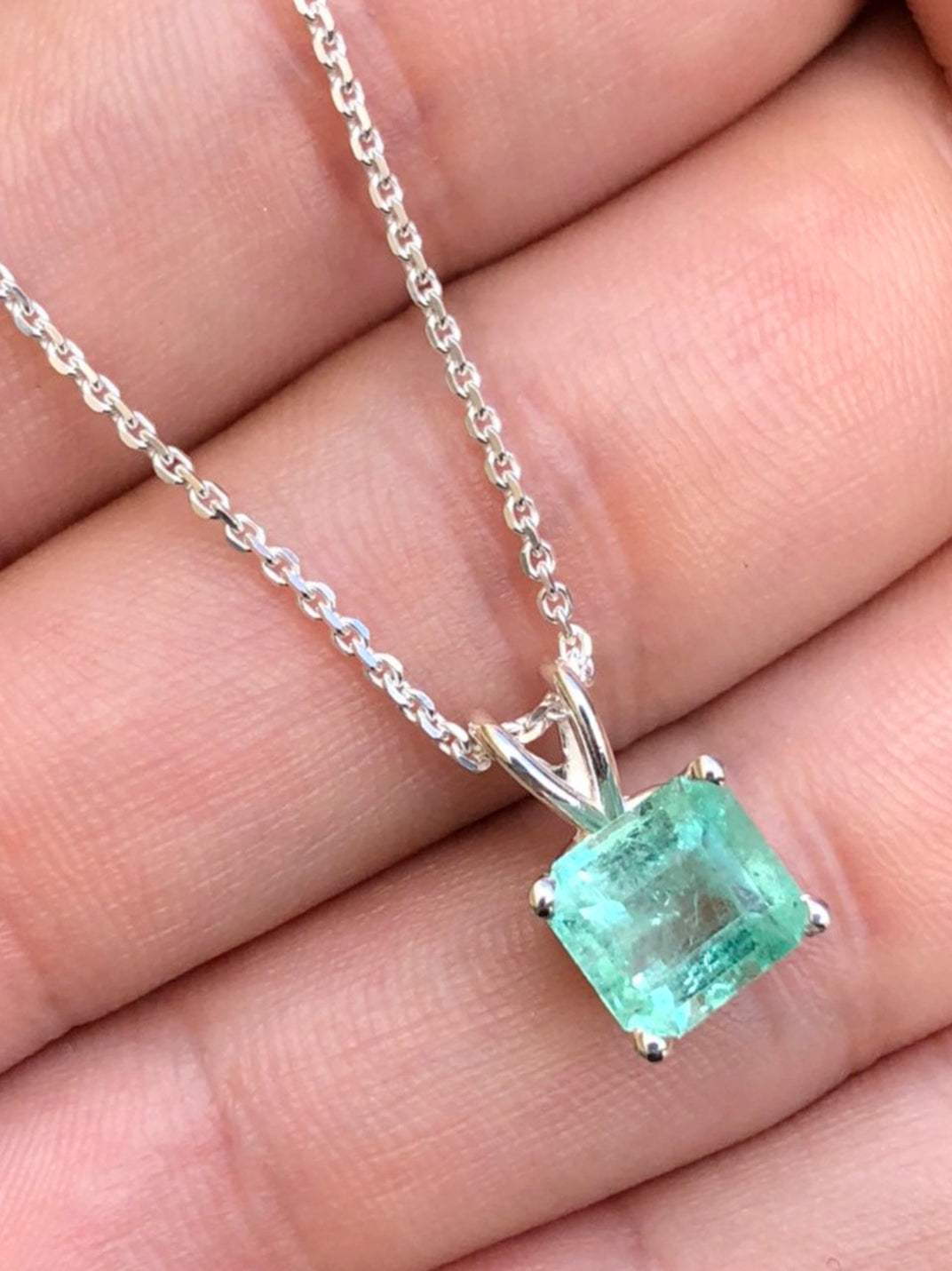 2.10 Carat Asscher Colombian Real Emerald Pendant Necklace Sterling Silver