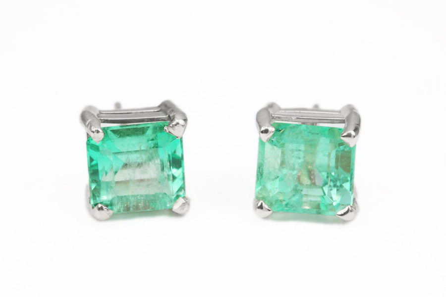 Trendy 3.0tcw Square Cut Natural Green Emerald 4 prong Studs Earring White Gold 14K