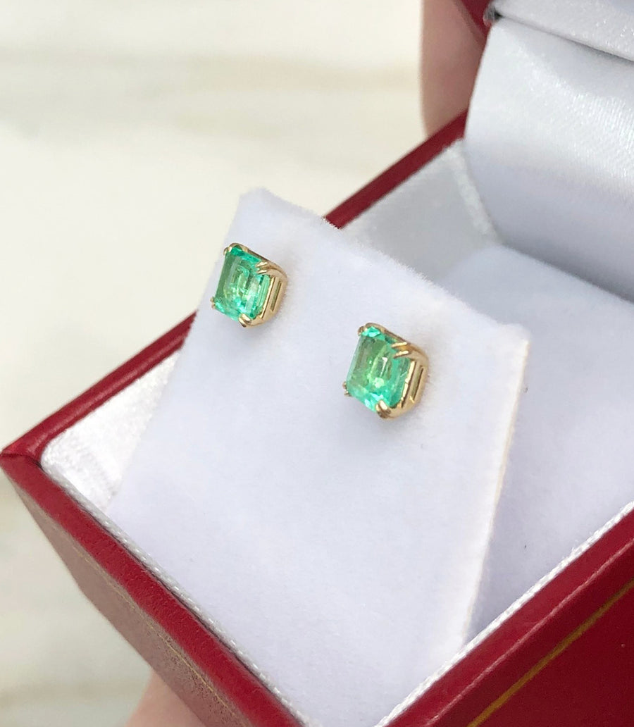 Double Claw Prong 1.0tcw Square cut Colombian Emerald Stud Earrings 14K in box