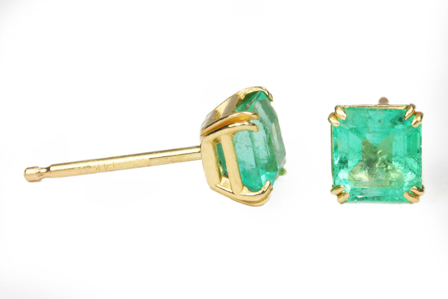 1.0tcw Double Claw Prong Square cut Colombian Emerald Stud Earrings 14K