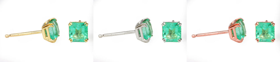 1.0tcw Double Claw Prong Square cut Emerald Stud Earrings 14K
