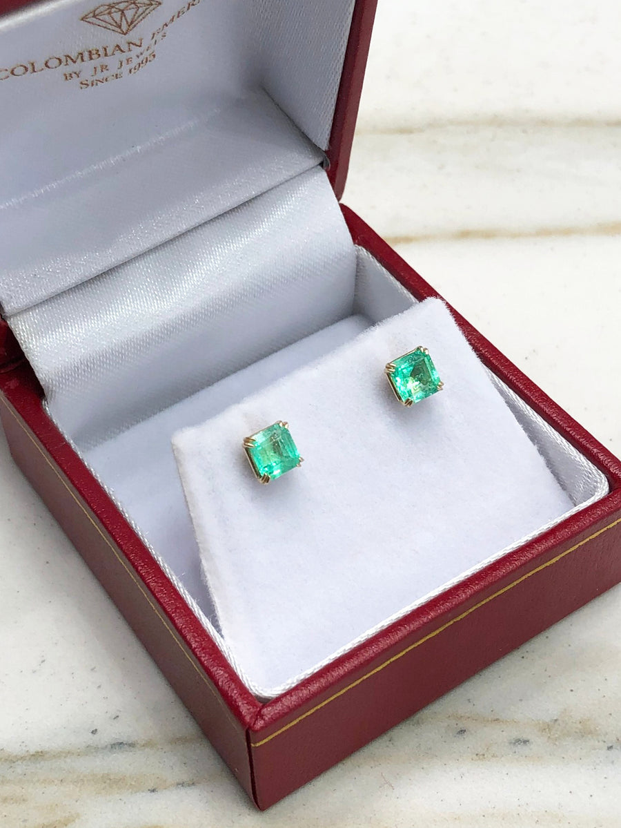 Double Claw Prong 1.0tcw Square cut Colombian Emerald Stud Earrings 14K