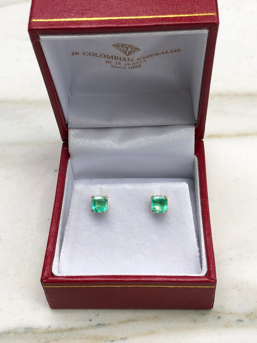 1.0tcw Double Claw Prong Square cut Emerald Petite Stud Earrings 14K 