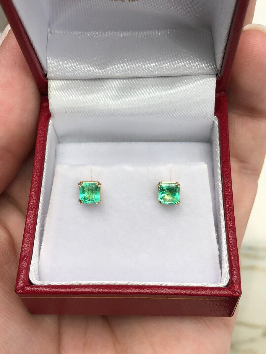 1.0tcw Double Claw Prong Square cut Bright Green Emerald Stud Earrings 14K