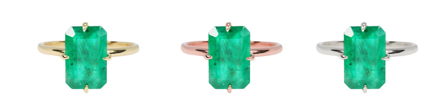 3.0 carat Natural Emerald Dark Green Emerald Cut Solitaire Off Set Claw Ring 14K Gold