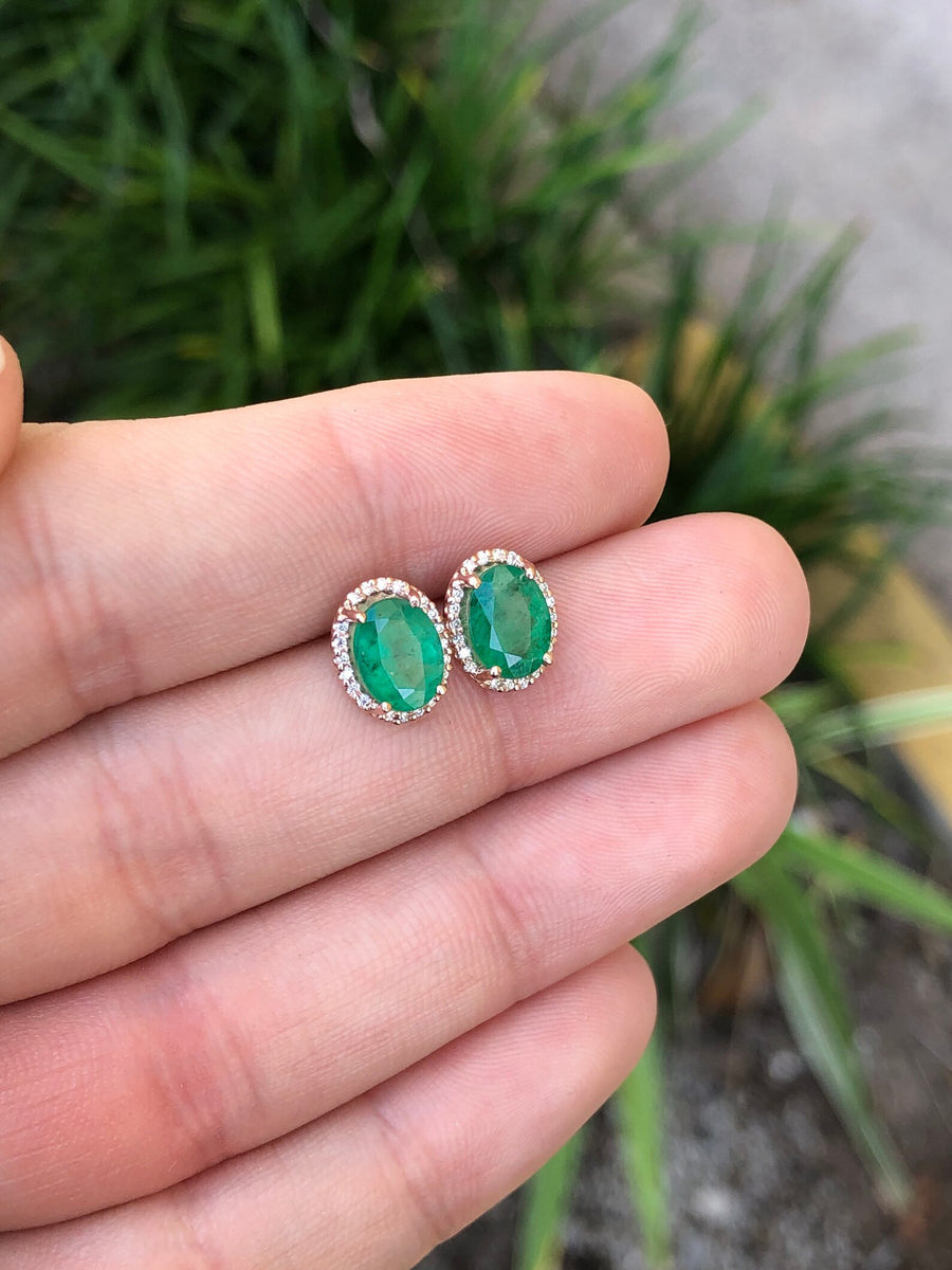 14K Gold Oval Cut Dark Green 2.10tcw Emerald & Round Diamond Halo Stud Earrings