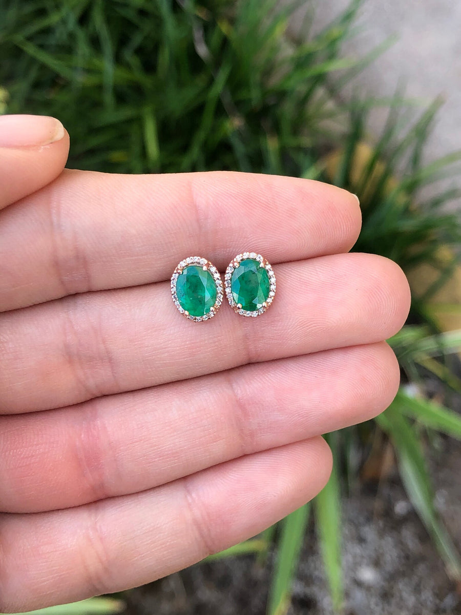 Oval Cut Dark Green 2.10tcw Emerald & Round Diamond Halo Stud Earrings 14K Gold