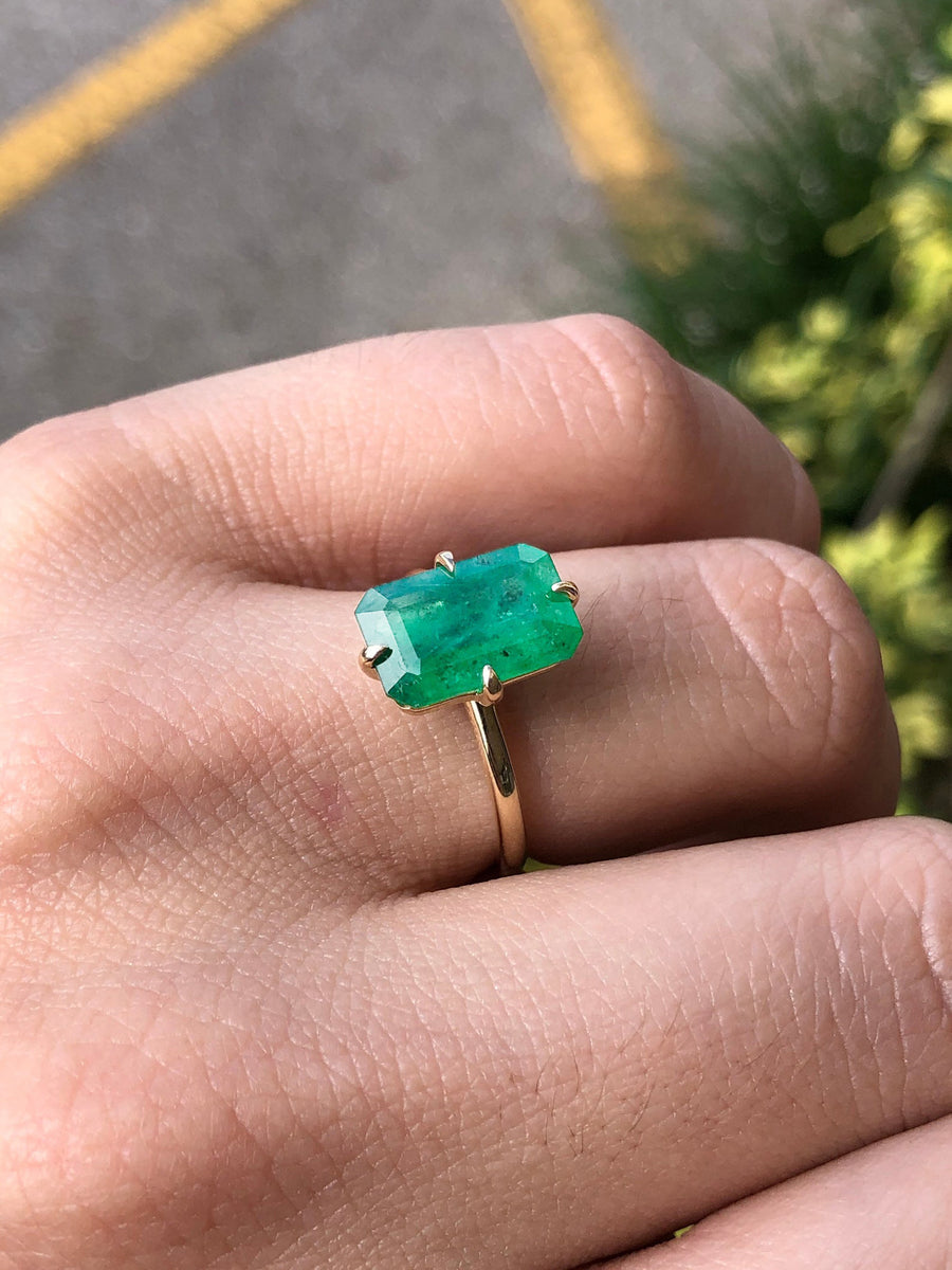 3.0 carat Natural Emerald Emerald Cut Dark Green Solitaire Off Set Claw Ring 14K