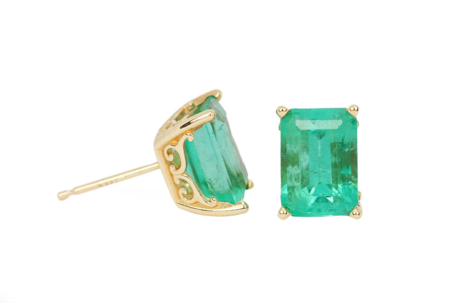 3.24tcw 14K Fleur De Lis 4 Prong Emerald Cut Solitaire May Birthstone Stud Earrings