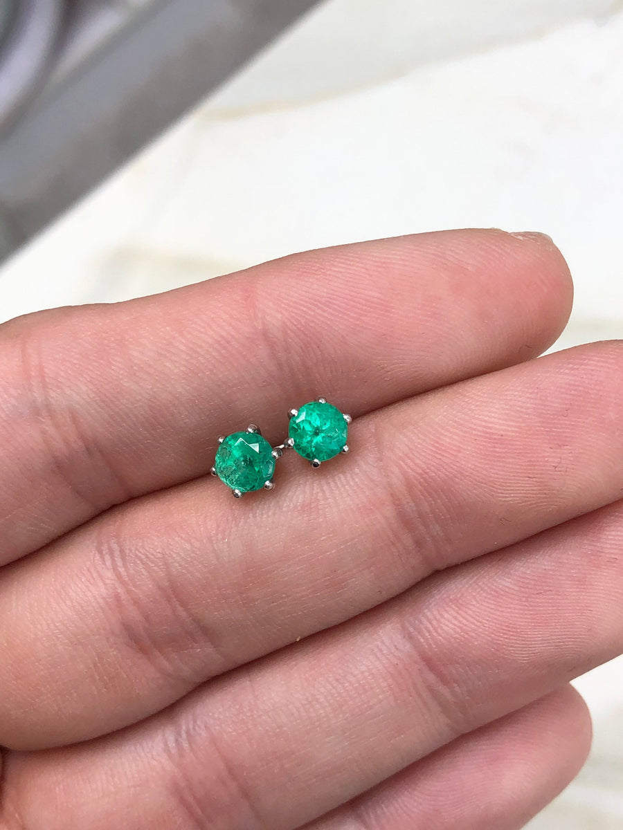 Round Emerald Studs - Elegant 1.0tcw Dark Green Earrings