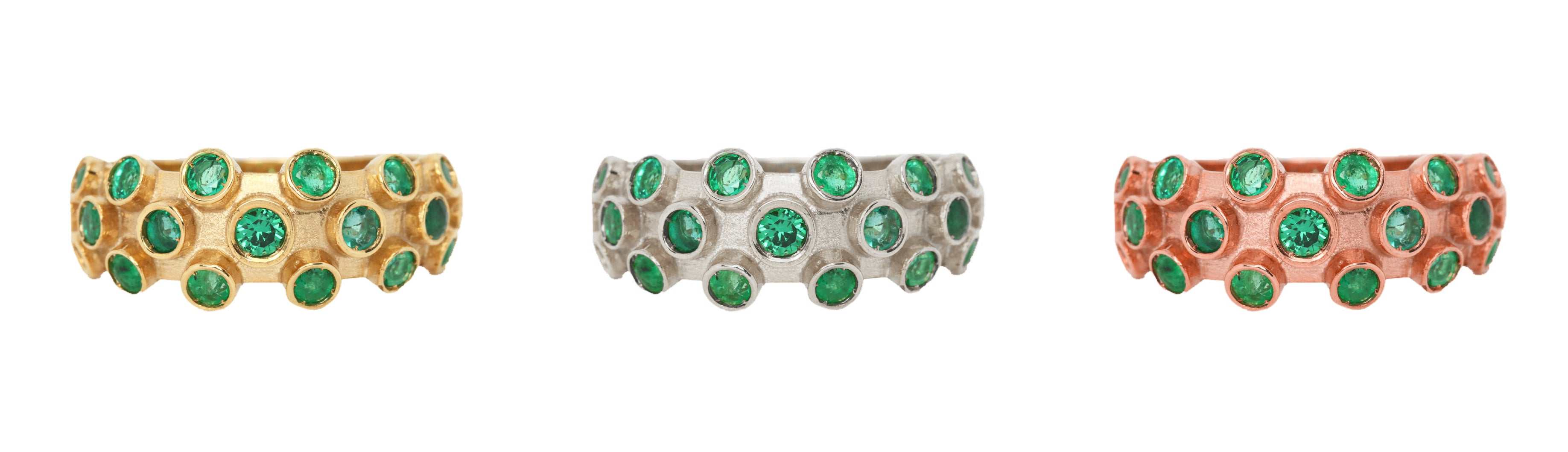 1.90tcw Cluster Round Emerald Bezel Band Ring Solid 14K - JR Colombian Emeralds