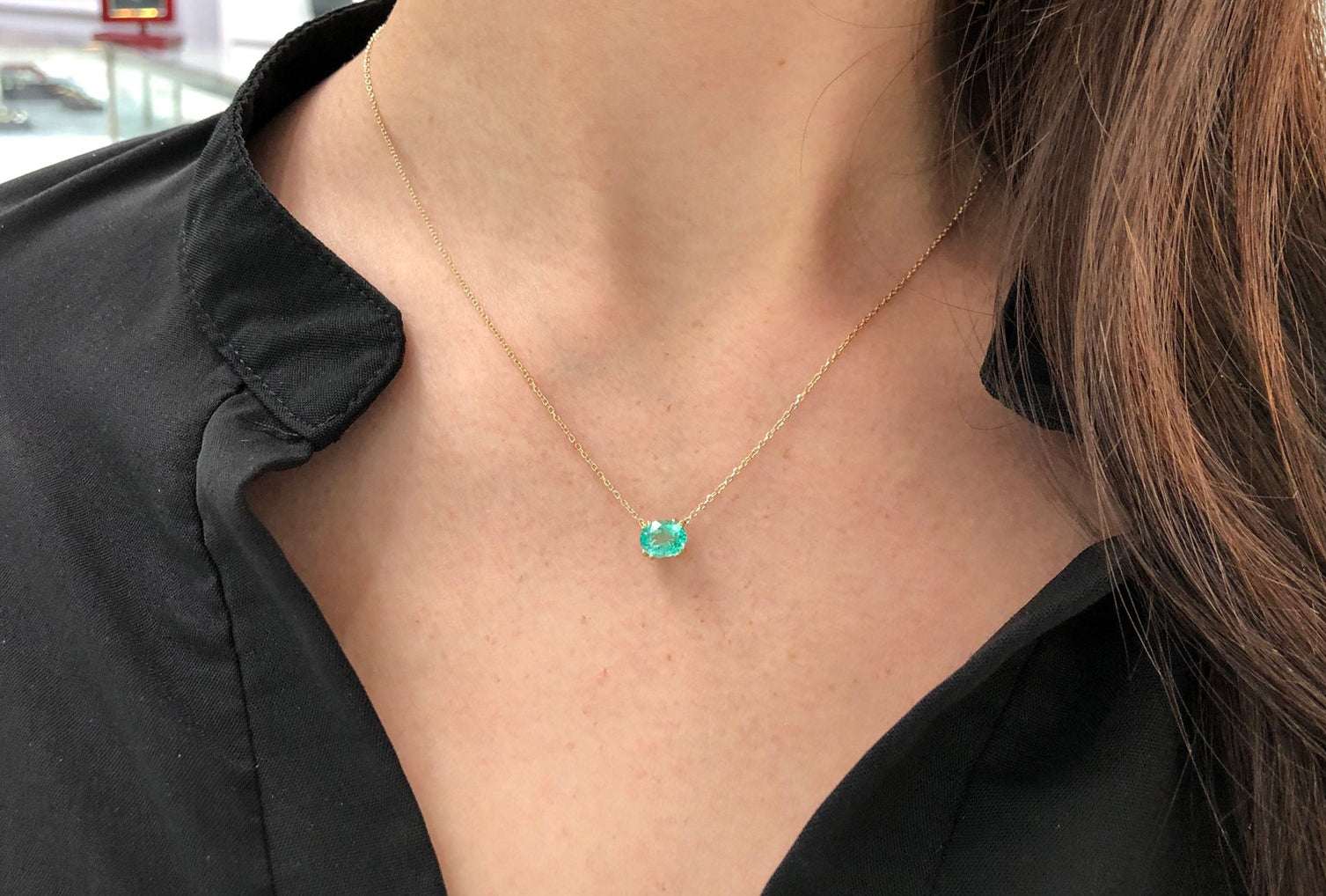 1.0 Carat East To West Transparent Clarity Zambian Emerald Necklace 14K