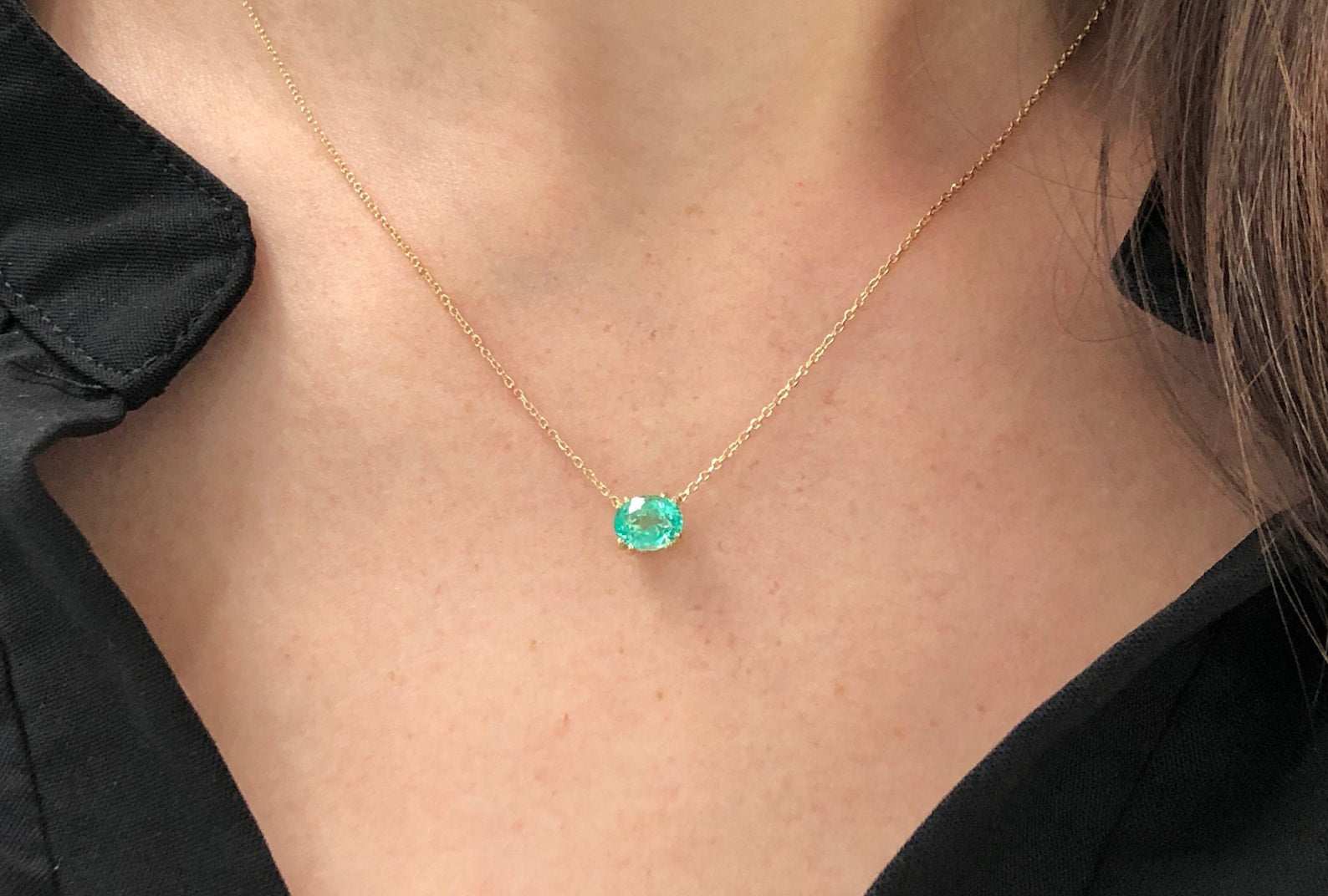 1.0 Carat East To West Transparent Clarity Zambian Emerald Necklace 14K