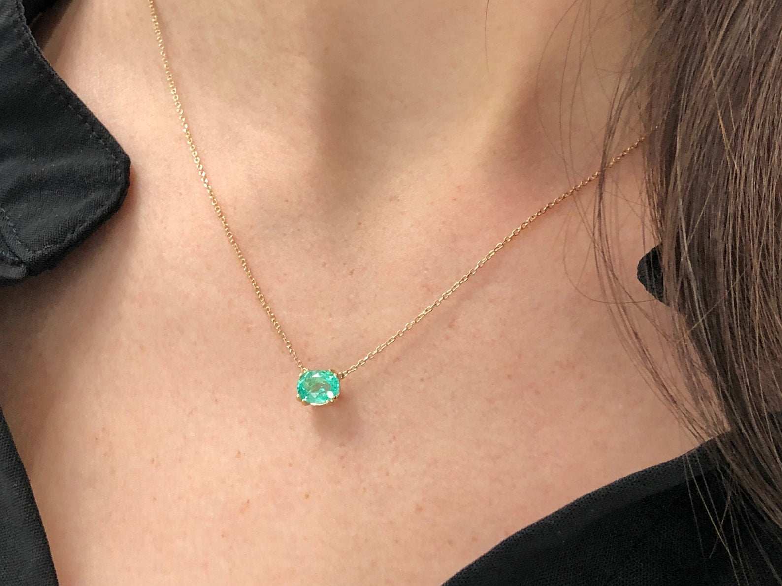 1.0 Carat East To West Transparent Clarity Zambian Emerald Necklace 14K