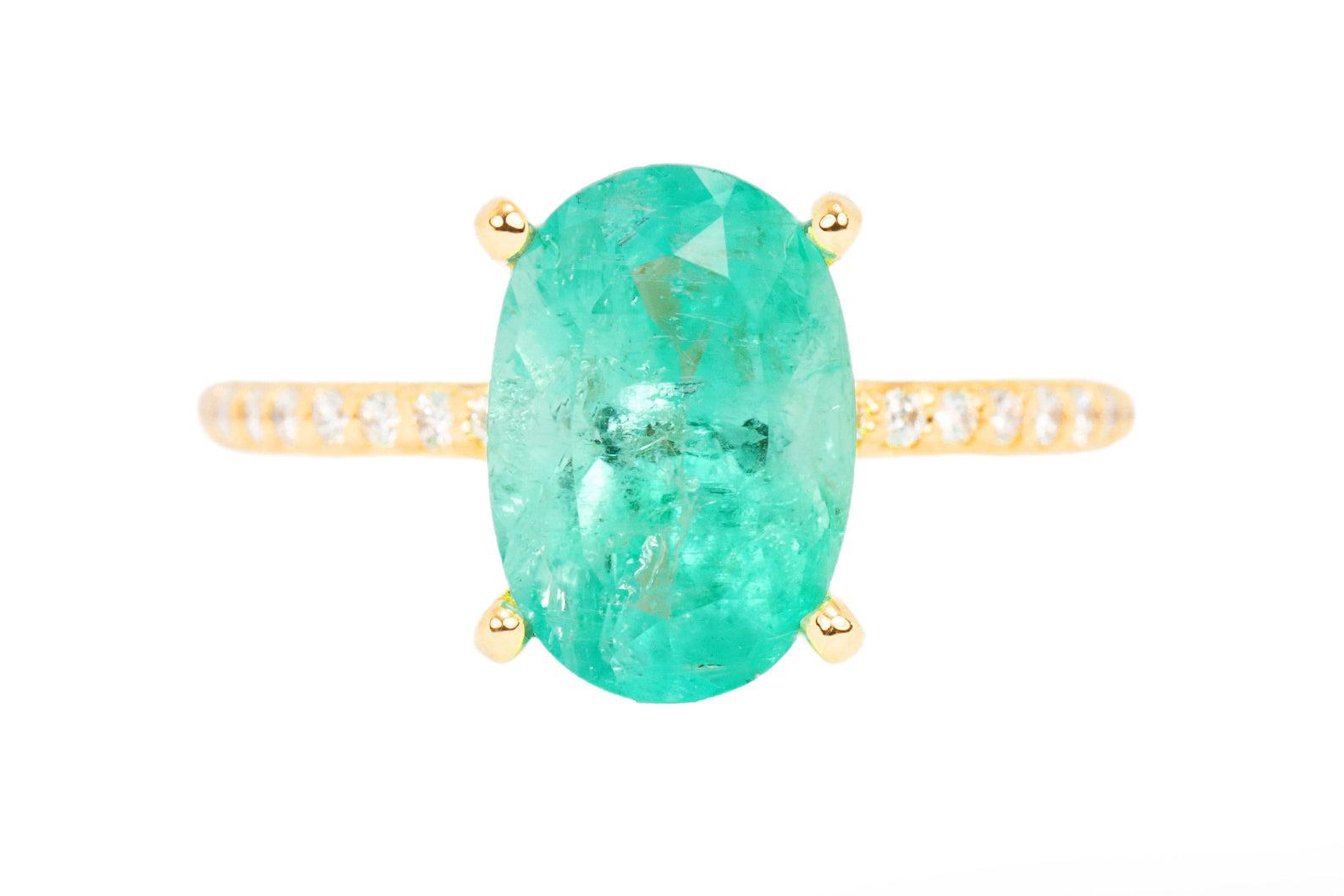 3.10tcw Oval Colombian Emerald & Diamond Accent Shank Engagement Ring 14K