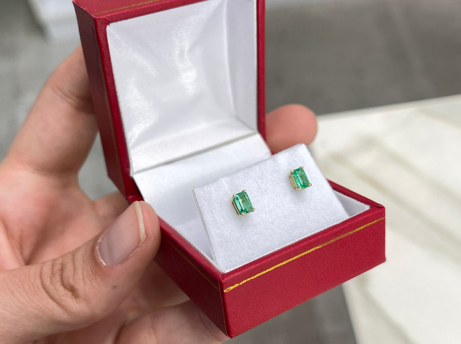 Petite Four Prong Classic 0.60tcw Emerald Cut Emerald Stud Earrings 14K Gold