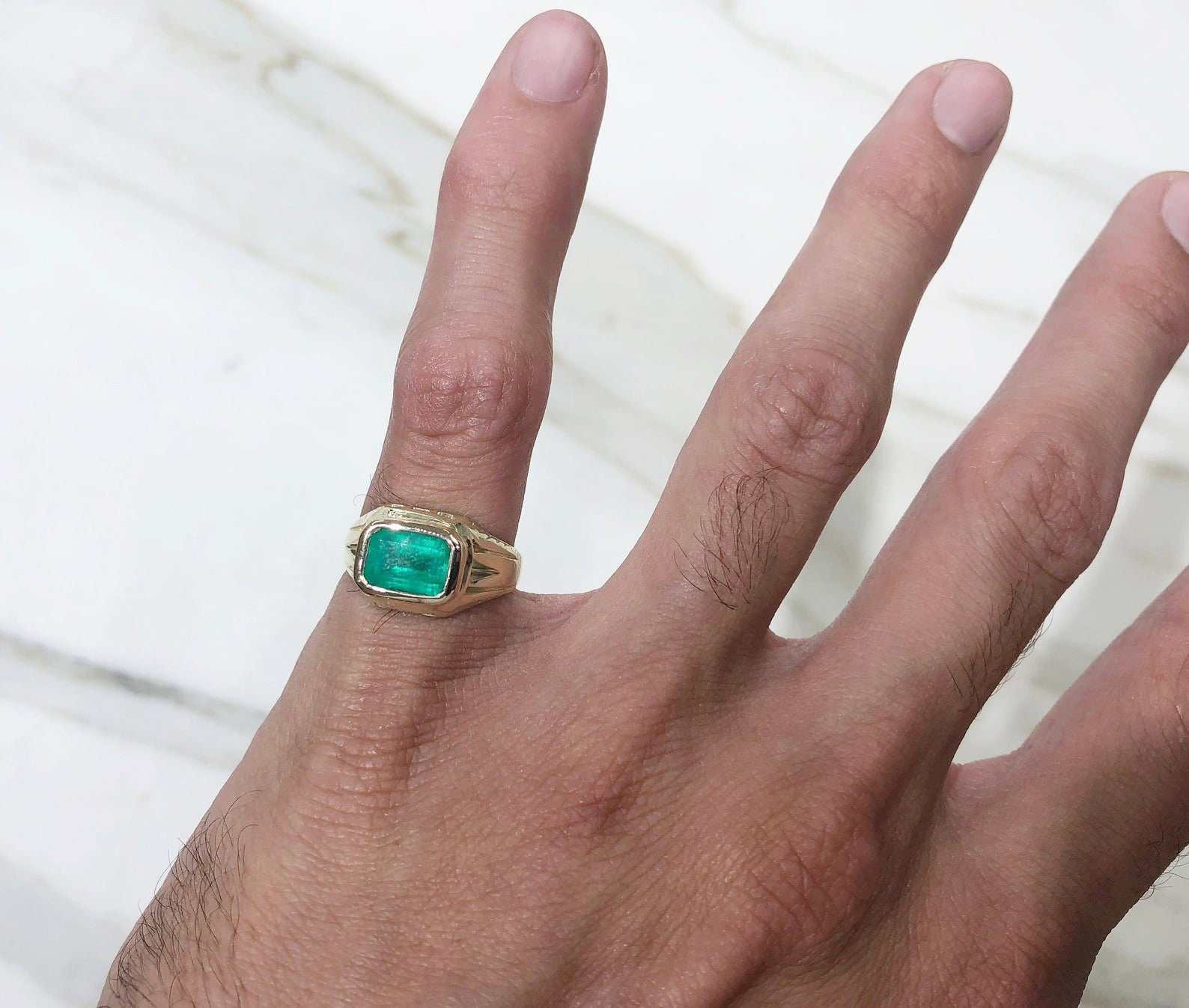 Natural Rectangular 2.10 Carat Cut Emerald Mens Vintage Style Ring 14K