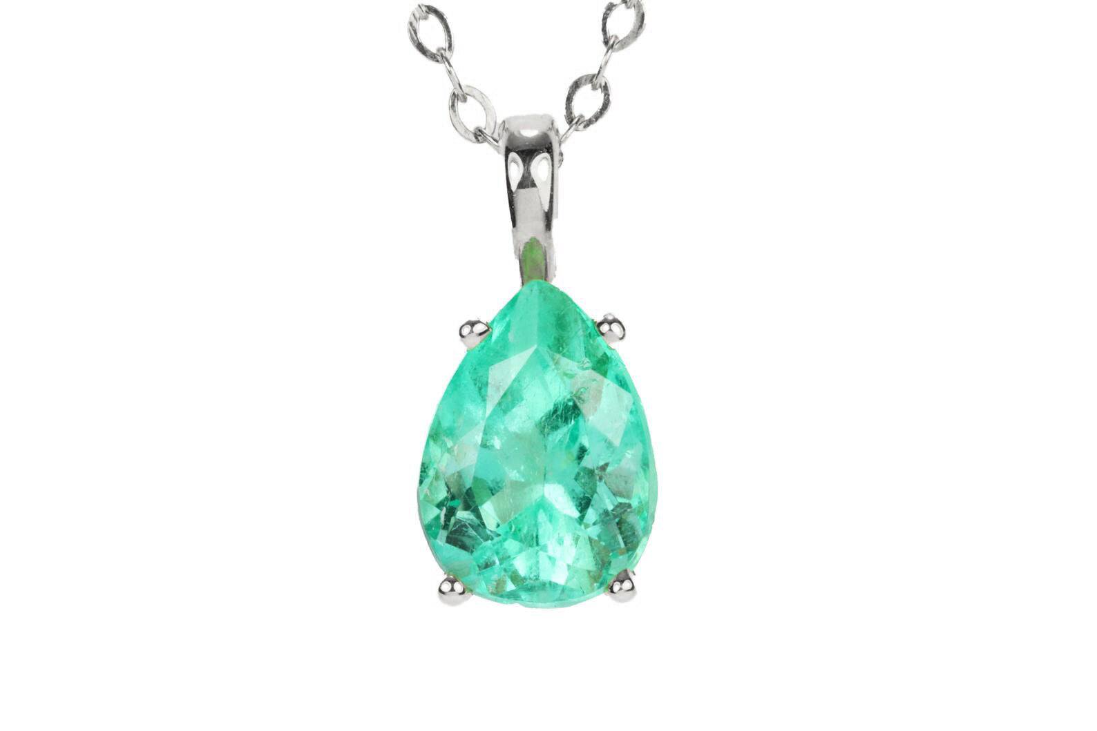 Pear Shape Colombian Emerald 1.50 Carat Solitaire 14K Pendant Necklace