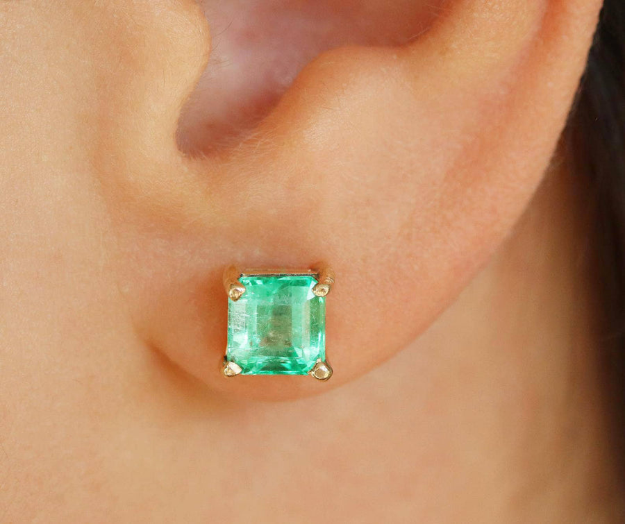 Classic 3.0tcw Square Cut Natural Green Emerald Four prong Studs Earring 14K