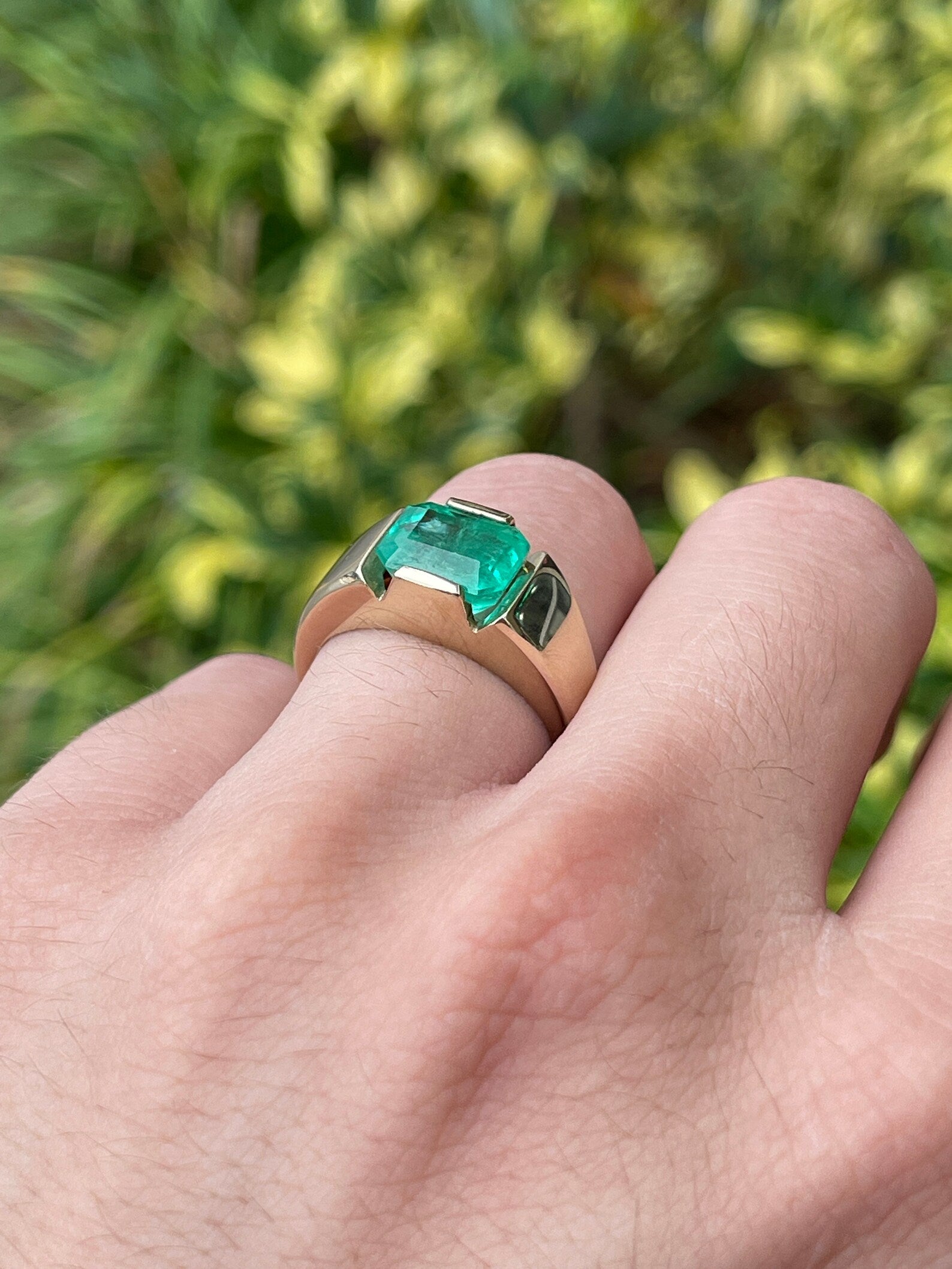 3.52 Carat Emerald Cut Green Colombian Emerald Tension Set Ring 14K