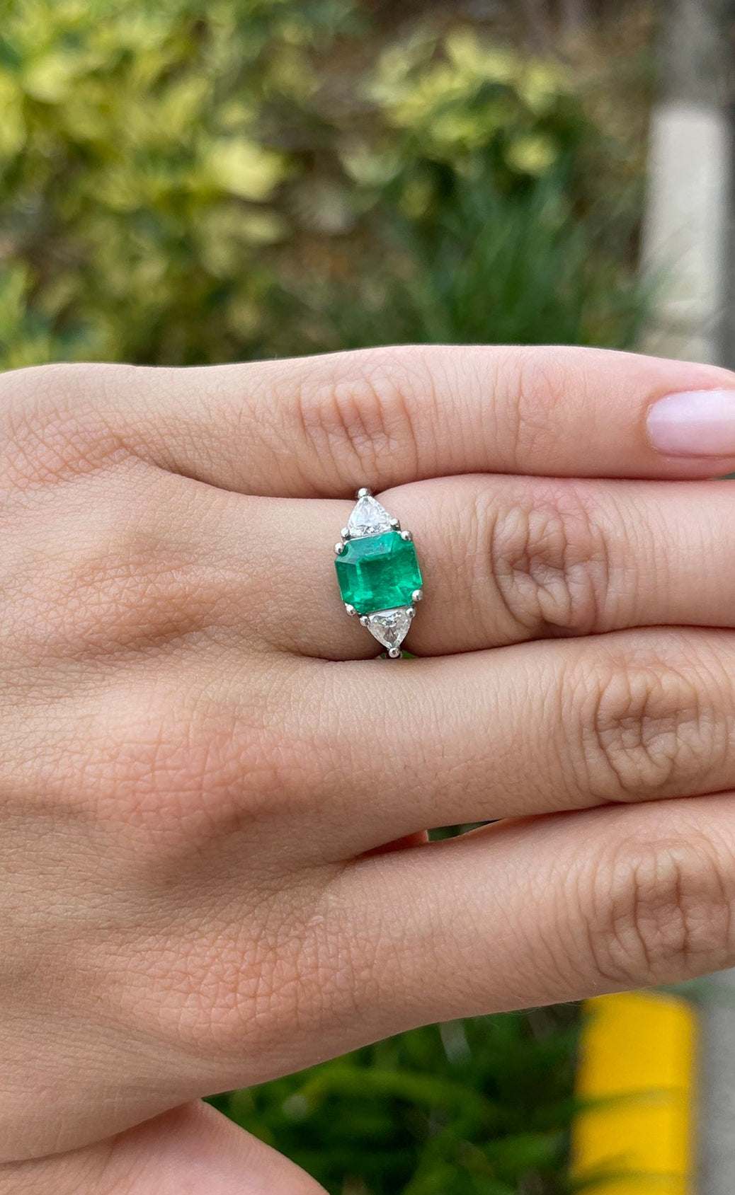 2.80tcw Triple AAA Quality Three Stone Emerald & Diamond Trillion Ring 18K