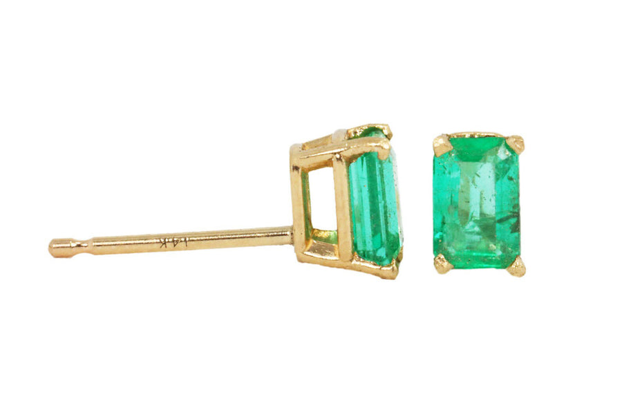 Dainty 4 Prong Classic 0.60tcw Emerald Cut Emerald Stud Earrings 14K Gold