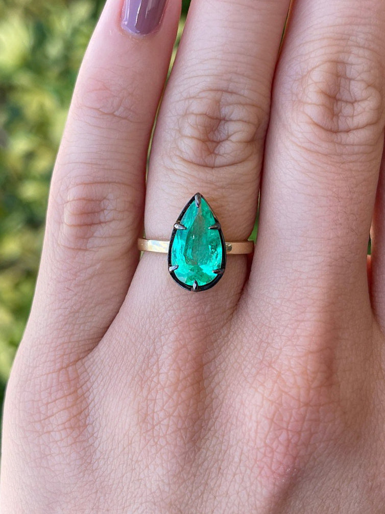 2.97 carat Teardrop Pear Colombian Emerald Georgian Styled Solitaire Statement Ring 18K