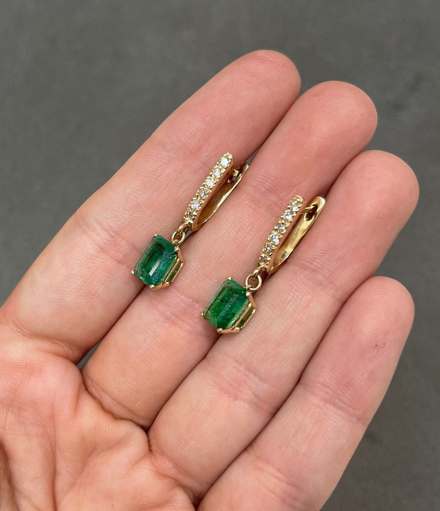 Rich Dark Green 4.84tcw Emerald Cut Emerald & Diamond Hoop Dangle Earrings 14K Gold