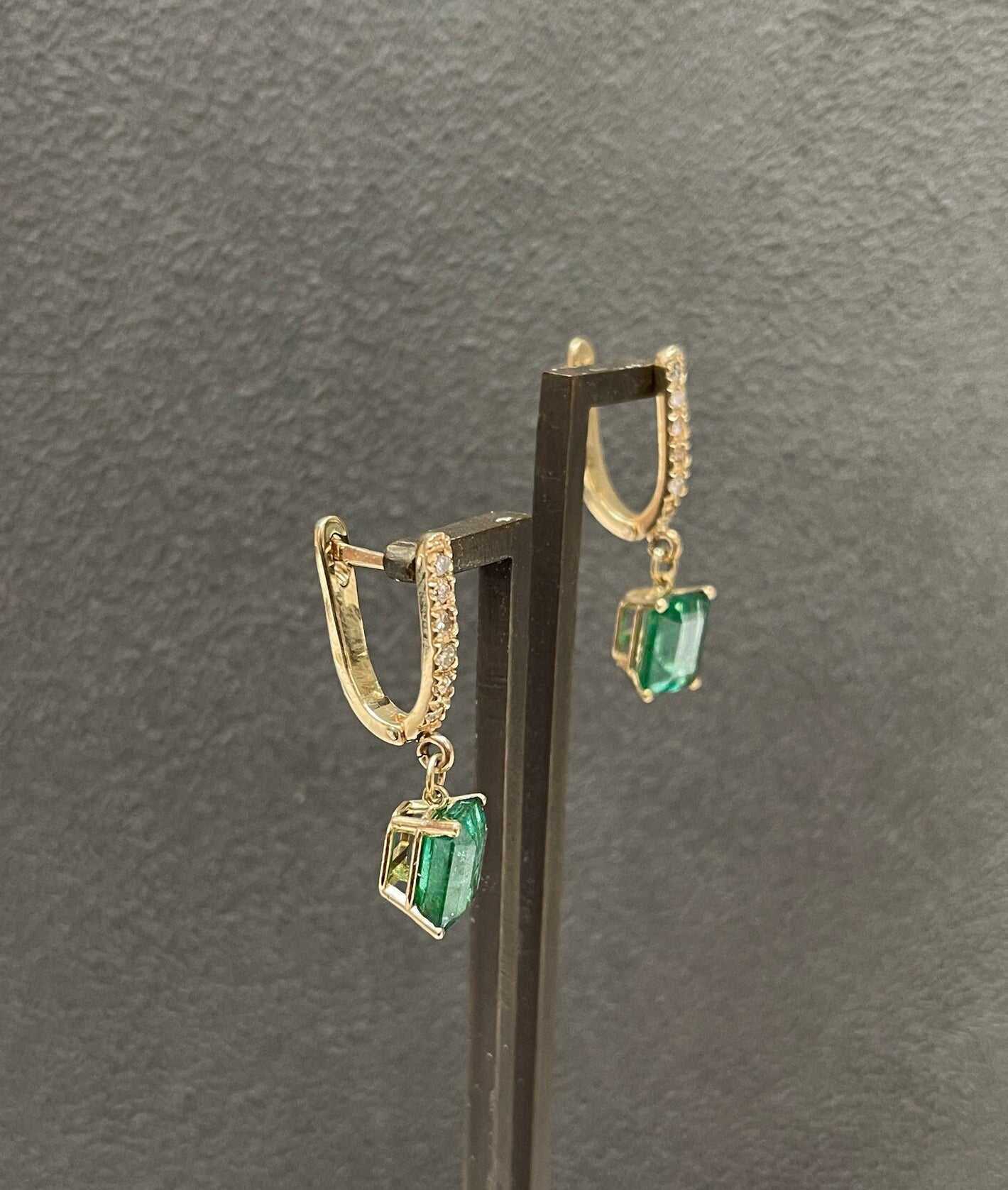4.84tcw Rich Dark Green Emerald & Diamond Latch Back Omega Earrings 14K