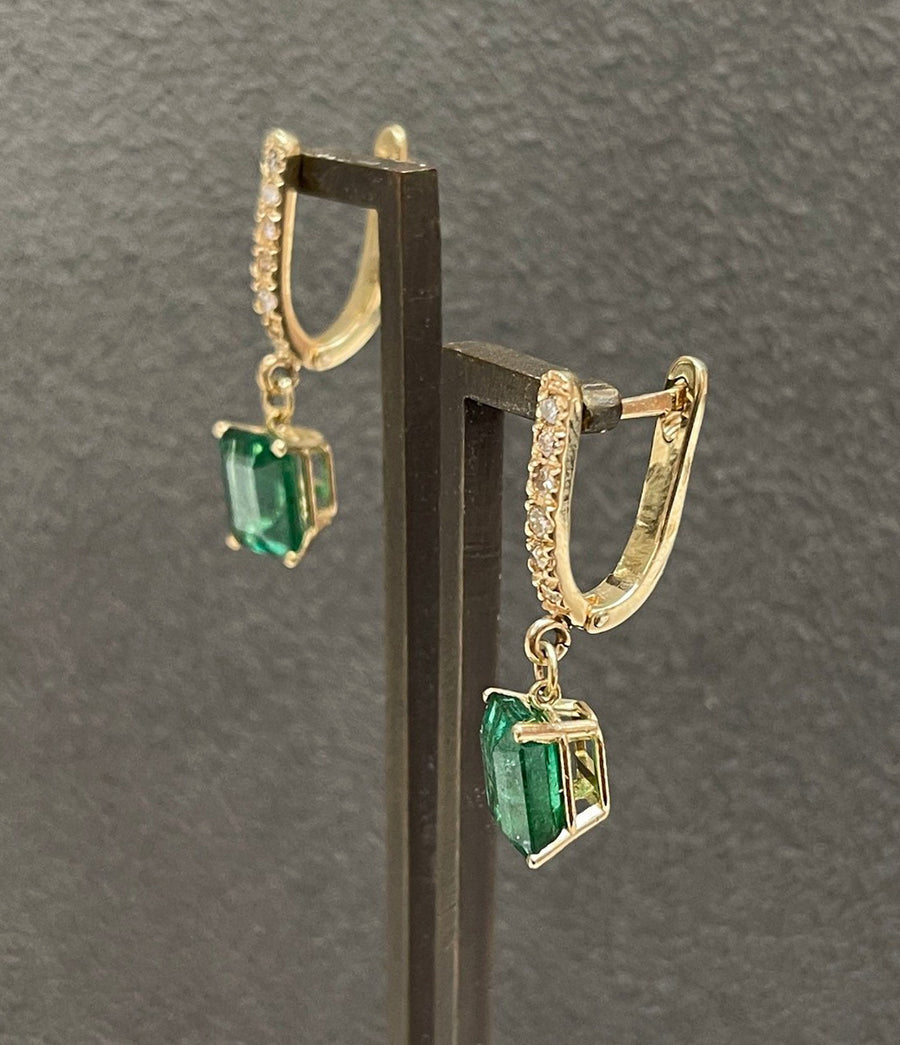 4.84tcw Genuine Dark Green Emerald Cut Emerald & Diamond Hoop Dangle Earrings 14K Gold